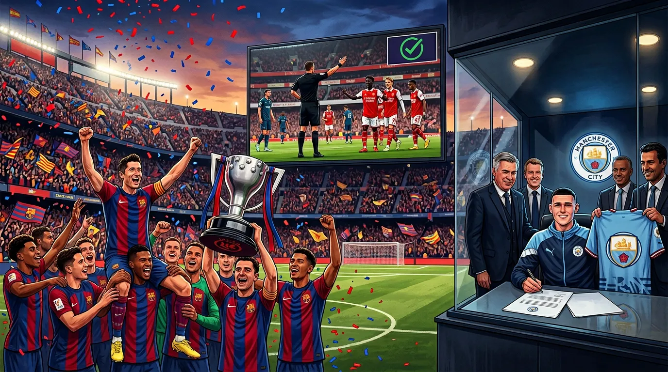 Barcelona clinches La Liga, Arsenal wins VAR, Foden extends.